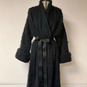 Vintage 100% Wool Fuzzy Longline Coat – Black Shawl Collar Wrap Coat